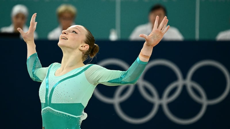 Romania's Ana Barbosu competes in the artistic gymnastics women's floor exercise final during...