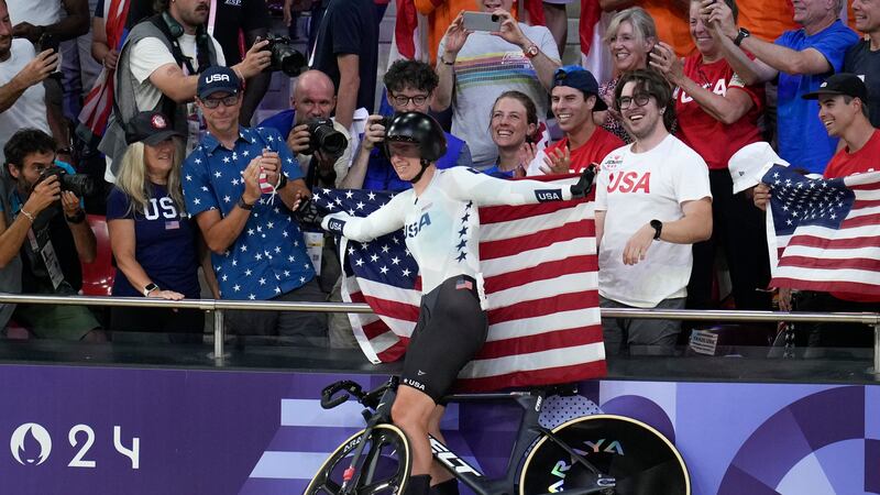 Jennifer Valente of the United States celebrates winning the gold medal of the women's omnium...