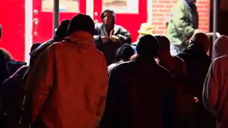 Members of Nashville's homeless community wait to enter the city's Extreme Cold Weather...