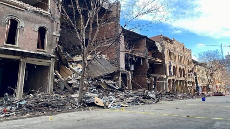 Buildings on Second Avenue North in downtown Nashville were damaged after a bomb exploded on...