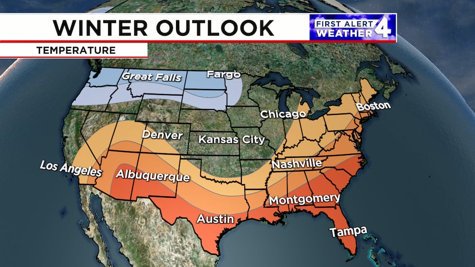 Warmer than average conditions are expected for much of the south as well as the East Coast.