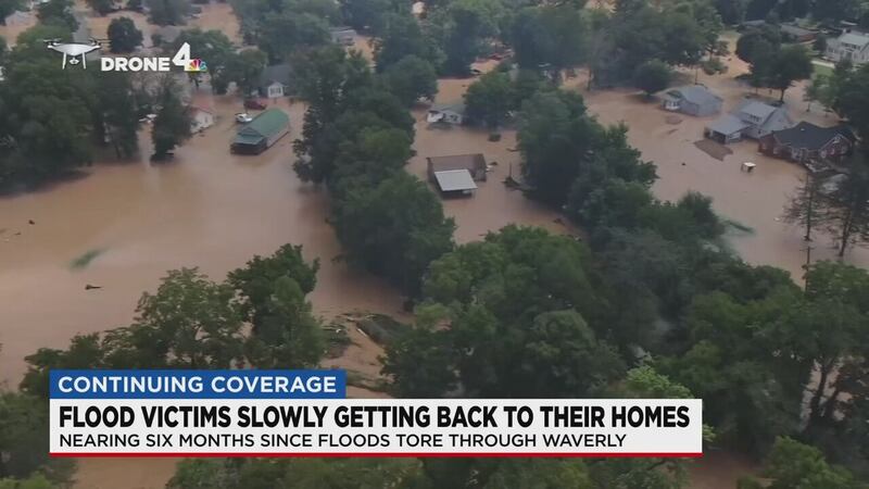 Drone4 video shows the impact of flooding in Waverly, Tennessee, on Aug. 21, 2021.