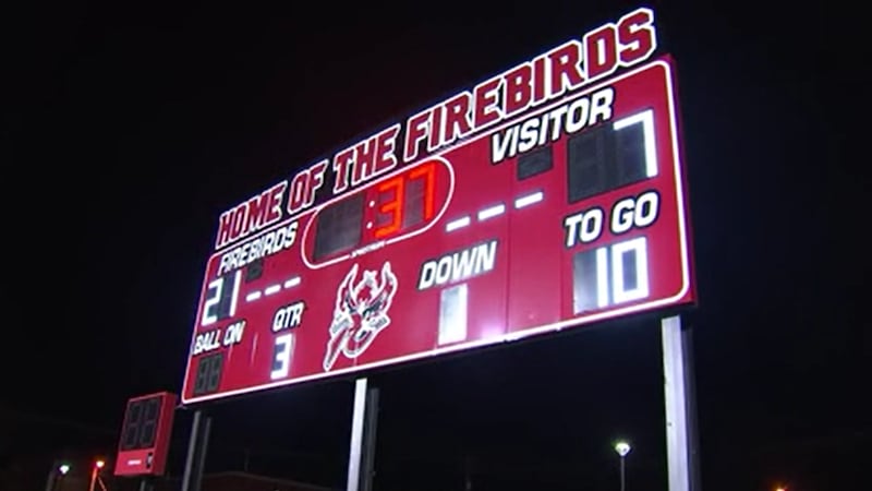 The scoreboard  at Pearl-Cohn High School at a game in September 2022.l