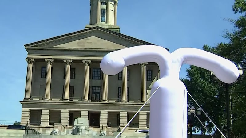 A giant, inflatable IUD was set up in front of the state capitol on Friday, June, 28, 2024.