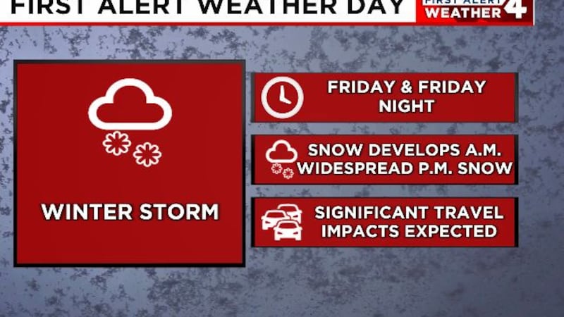 Snow moves in early Friday morning and continues all day