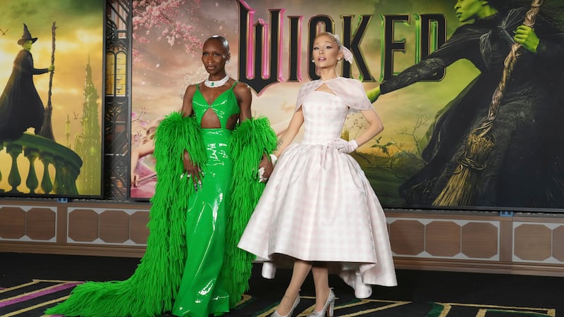 Cynthia Erivo, left, and Ariana Grande arrive at the premiere of "Wicked" on Saturday, Nov. 9,...