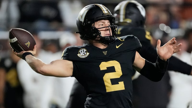 Vanderbilt quarterback Diego Pavia (2) looks to throw a pass during the second half of an NCAA...