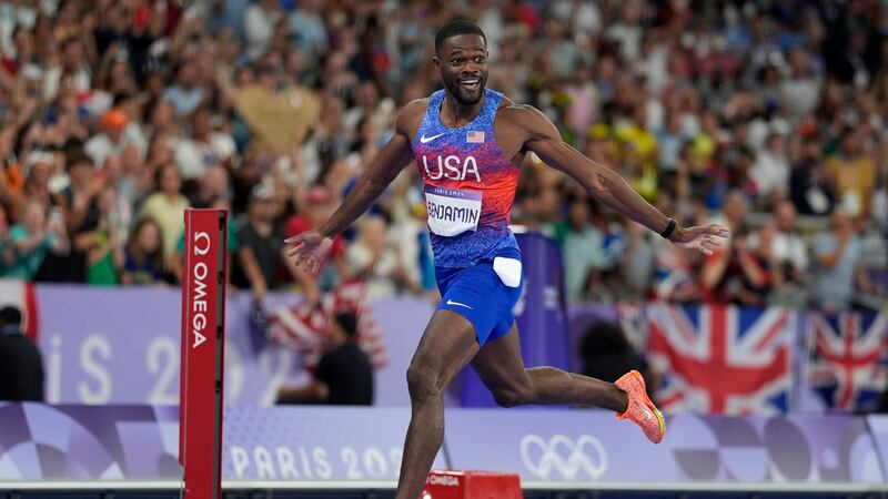 Rai Benjamin, of the United States, reacts to winning the men's 400-meter hurdles final at the...