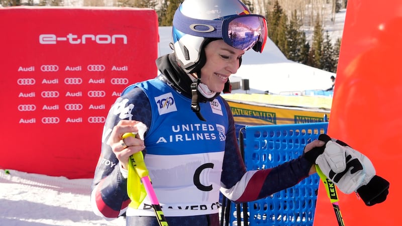 Dec 11, 2024; Beaver Creek, CO, USA; Lindsey Vonn of the United States reacts after finishing...