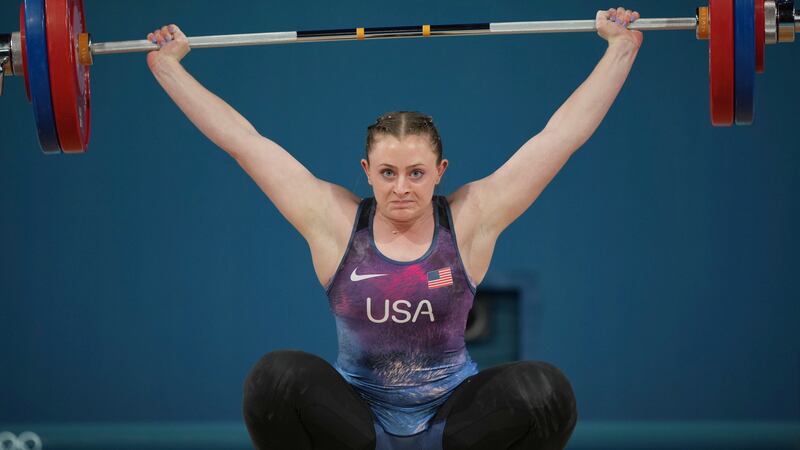 Olivia Reeves of the United States competes during the women's 71kg weightlifting event, at...