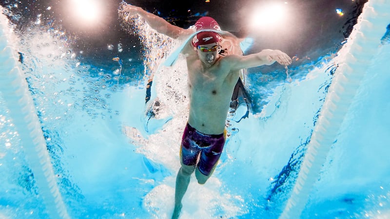 Pan Zhanle, of China, competes in the men's 100-meter freestyle final at the 2024 Summer...