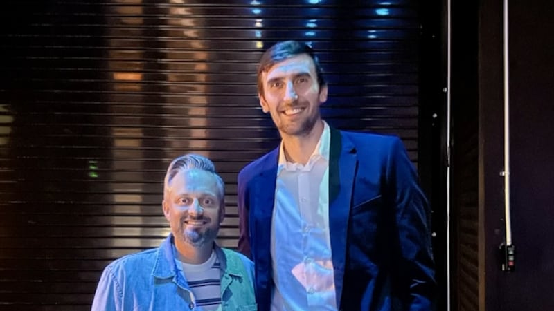 Nate Bargatze and Luke Kornet at the Fisher Center Thursday night.