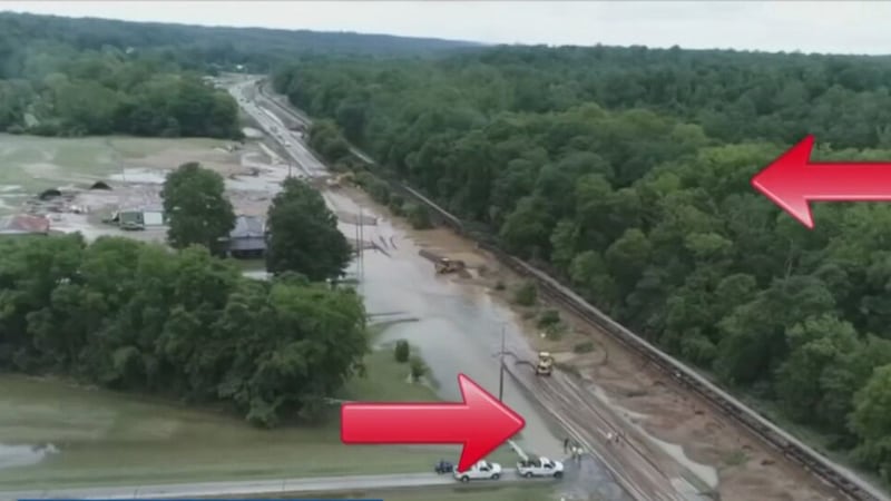 Video from Drone 4 shows the area where water washed out earth beneath the CSX Railroad tracks...