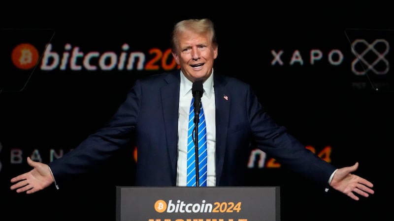 Republican presidential candidate former President Donald Trump speaks at the Bitcoin 2024...