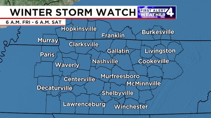 A winter storm watch is in effect for all of Middle Tennessee and Southern Kentucky from...