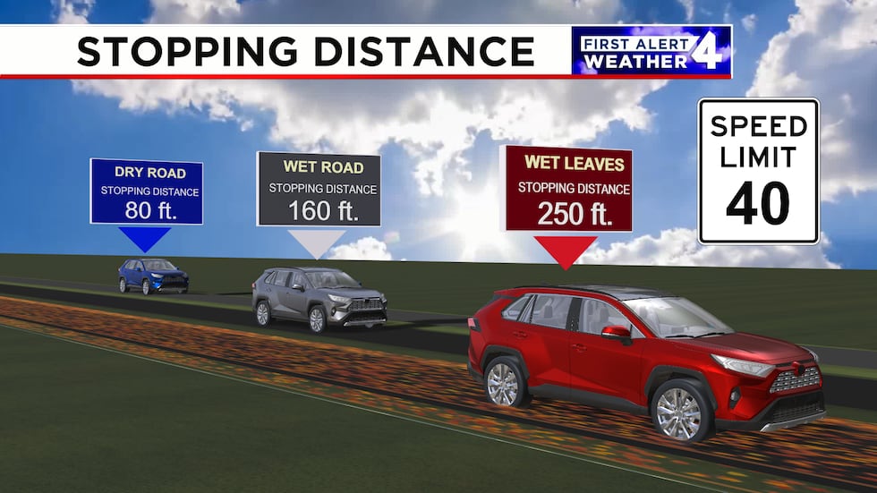 The stopping distance of a car increases when wet leaves are on the road.