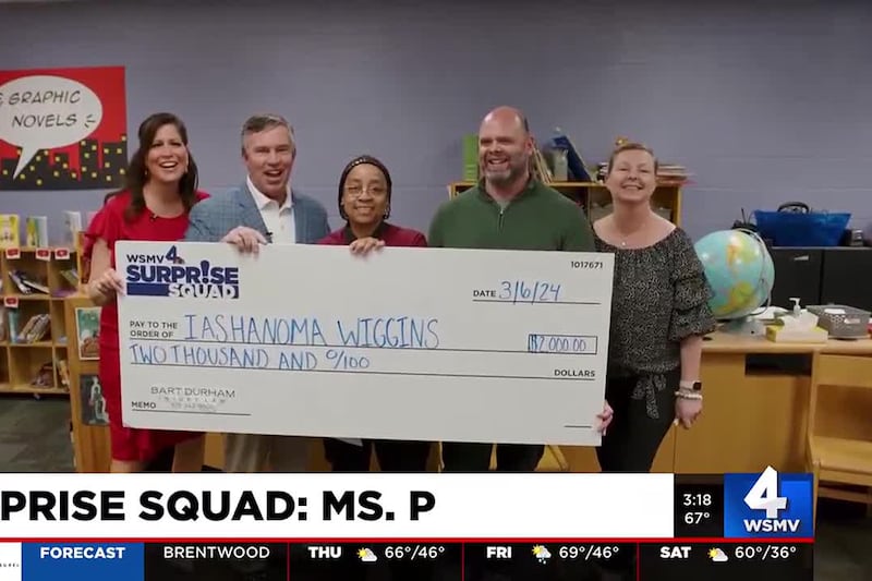 WSMV4′s Surprise Squad and Bart Durham Injury Law presented Ms. P with a check for $2,000.