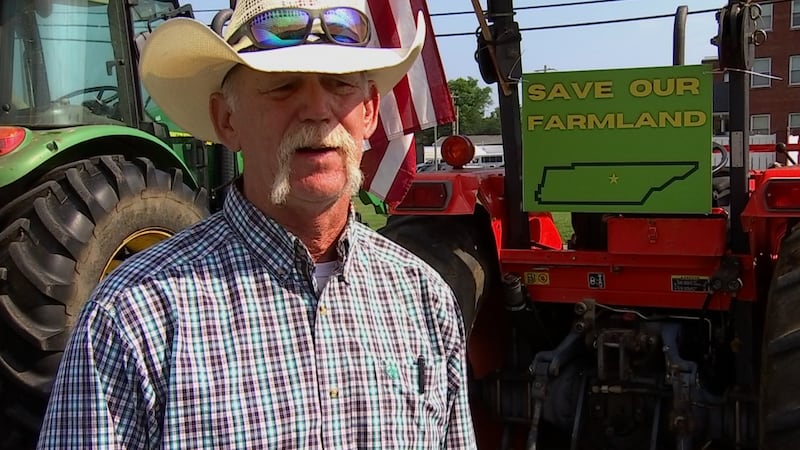 Farmers rode through Lebanon on their tractors on Friday to protest a proposed development.