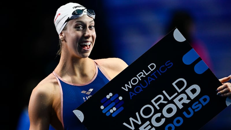 Gretchen Walsh of the US. reacts after breaking the world record in the Women's 50m Butterfly...